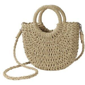 Women's Khaki Straw Beach Woven Cross Body Shoulder Top Handle Satchel Handbag